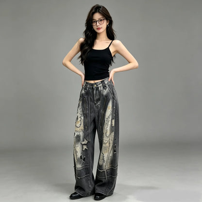 Trendy Pear-shaped Slimming Jeans Women Black Washed New Summer Street Style Loose-fitting Floor-length Jeans LX5811