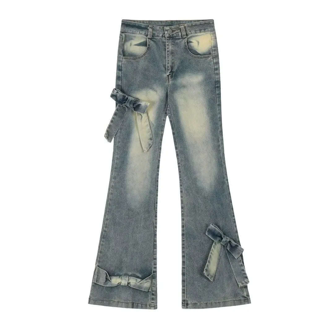 New Women Black Gothic Bow Flare Jeans Harajuku Aesthetic Y2K Denim Trousers High Waist Cowboy Pant Vintage 2000s Trashy Clothes