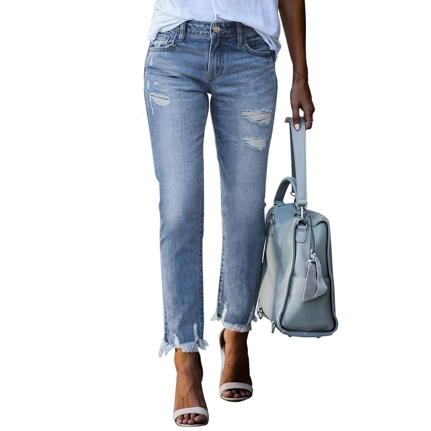 Spring Autumn Women's Denim Pants Ladies Slim Jeans Ripped Raw Edges Straight Leg Jeans Women Tight Leggings Soft Pencil Pants