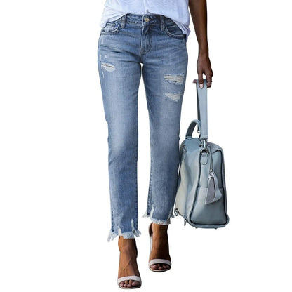 Spring Autumn Women's Denim Pants Ladies Slim Jeans Ripped Raw Edges Straight Leg Jeans Women Tight Leggings Soft Pencil Pants