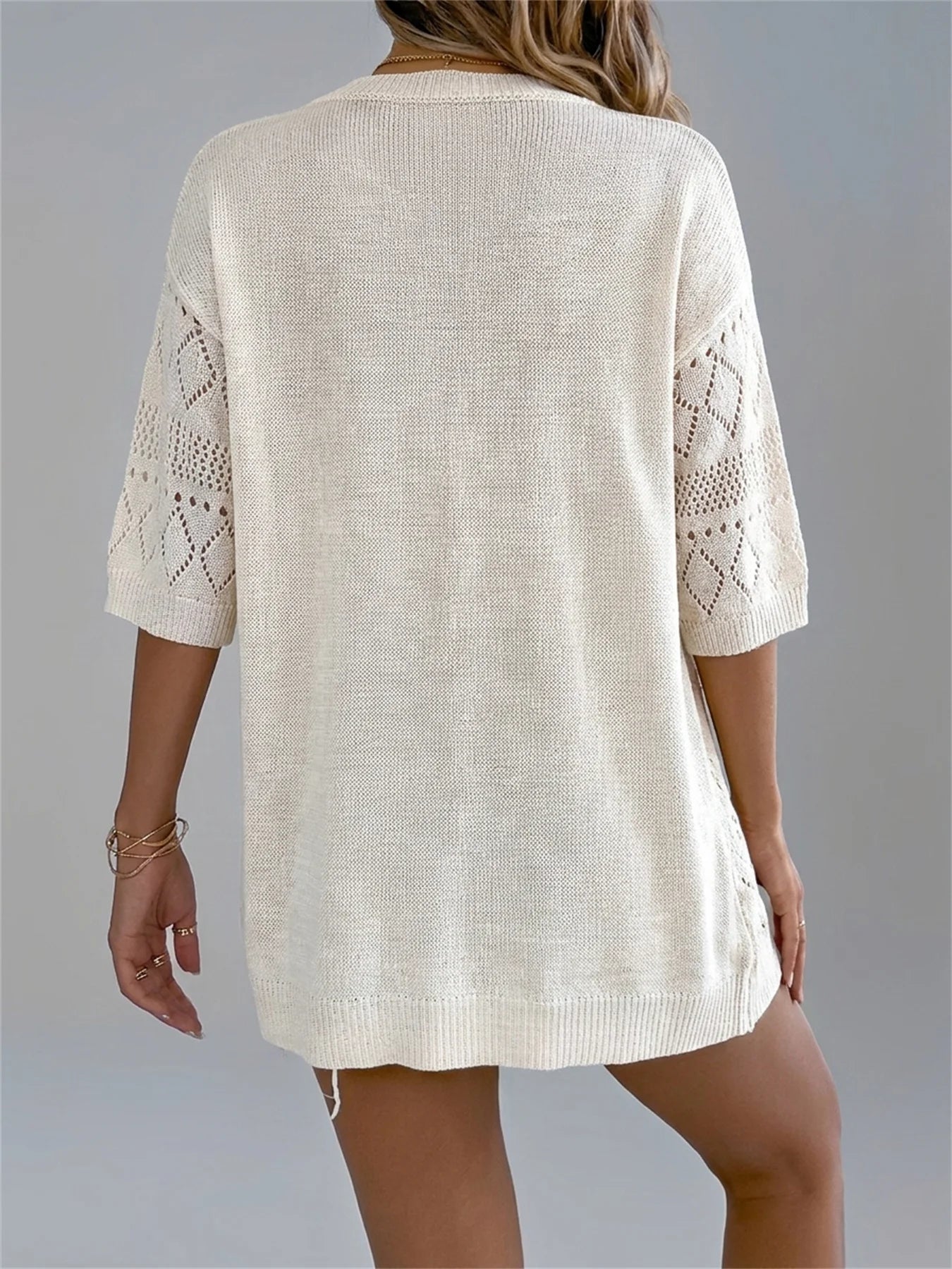Hollow Out Knit Cardigan Short Sleeve Solid Color Summer Beach Lightweight Top