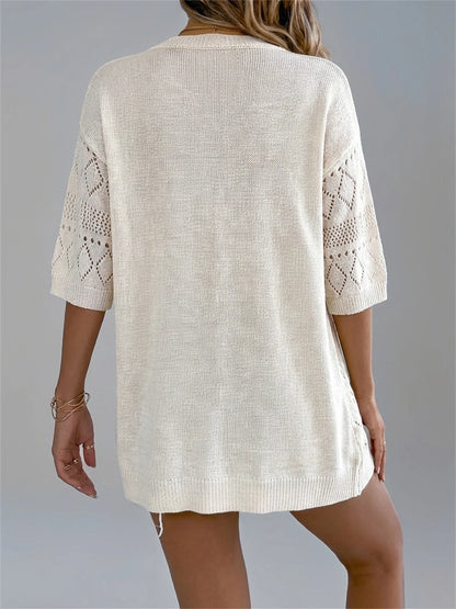 Hollow Out Knit Cardigan Short Sleeve Solid Color Summer Beach Lightweight Top