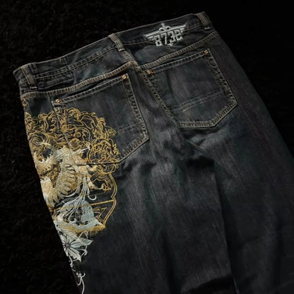 American Vintage Hip Hop New Blue Washed Pattern Printed Baggy Jeans Female