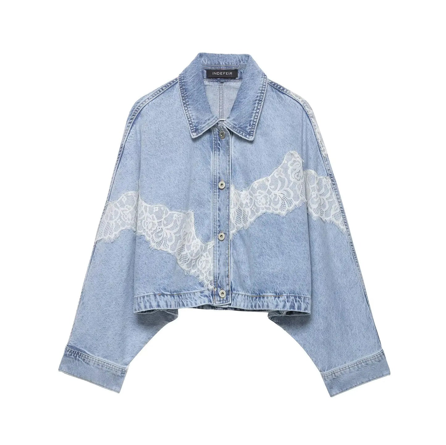 Women's Cropped Lace Denim Jacket New 2026 Spring Long Sleeve Button Female Chic Outerwears High Street Lady Chic Tops
