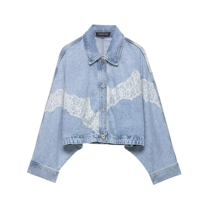 Women's Cropped Lace Denim Jacket New 2026 Spring Long Sleeve Button Female Chic Outerwears High Street Lady Chic Tops