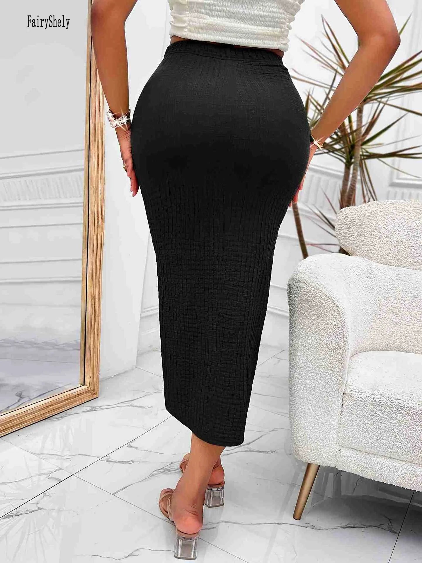 Fairyshely Sexy Black Knitted Long Skirt Women 2026 Summer Knot High Waist Midi Skirt Ladies Elegant Split Wrap Bodycon Skirt