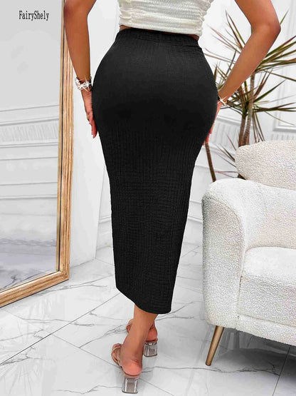 Fairyshely Sexy Black Knitted Long Skirt Women 2026 Summer Knot High Waist Midi Skirt Ladies Elegant Split Wrap Bodycon Skirt