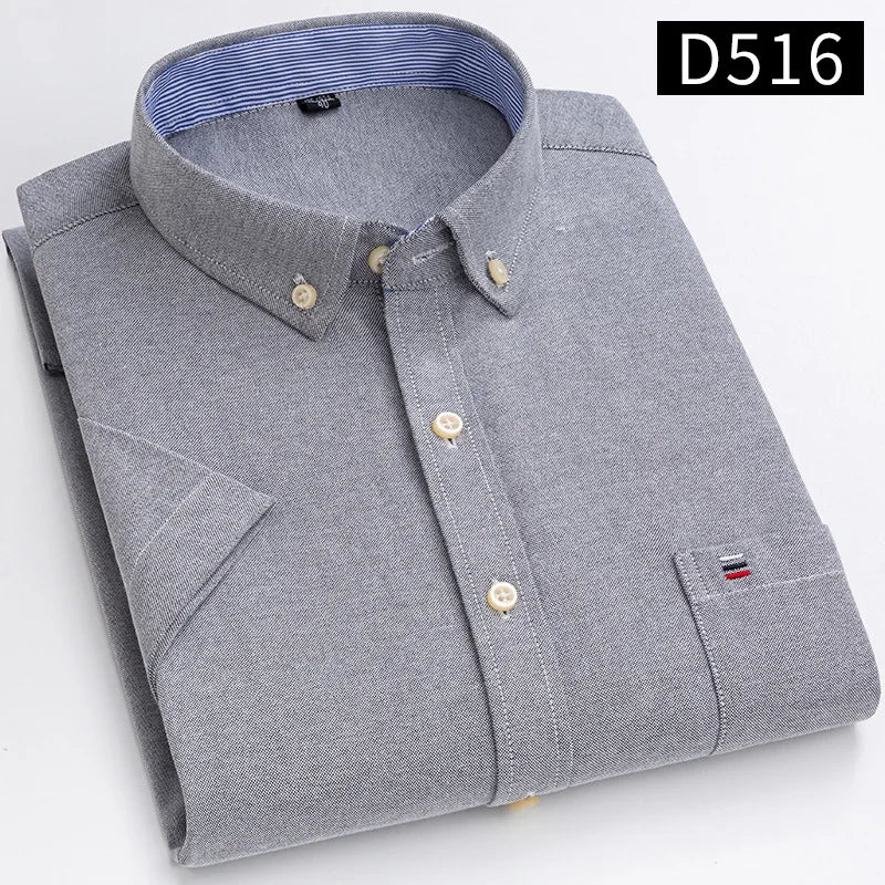 New Men's Social Shirt Short Sleeve 100% Pure Cotton Oxford Soft Buttoned Plaid Formal Male Clothes Pocket Social Shirt S-7XL
