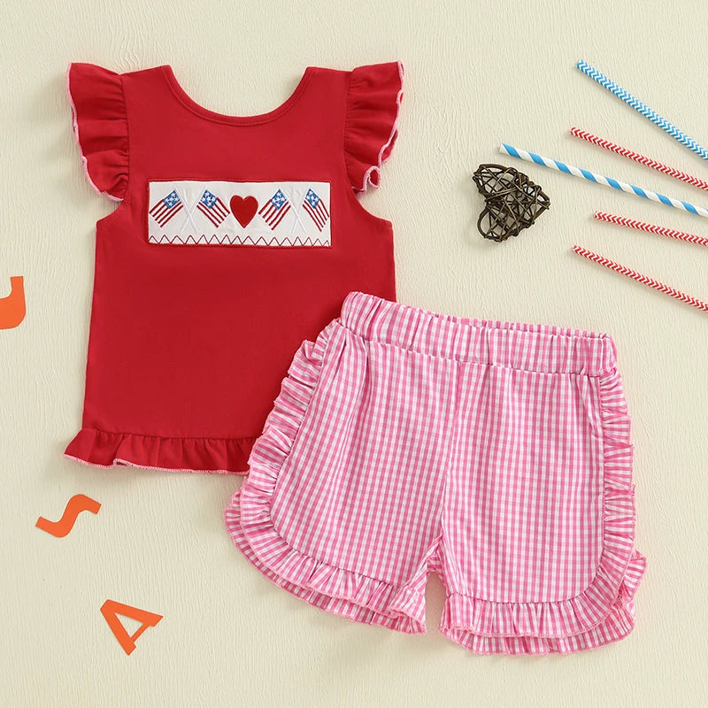 Infant Girl s Patriotic Outfit Red White Blue American Flag Heart Embroidered Flutter Sleeve Top Plaid Ruffle Shorts Set for