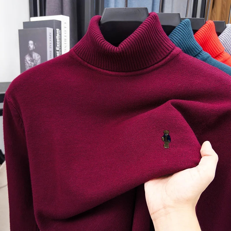 High-End Man Spring Long-Sleeved Knitwear Bear Print High Neck Hot Pullover Versatile Trend Leisure Warm Sweater Men's Clothing