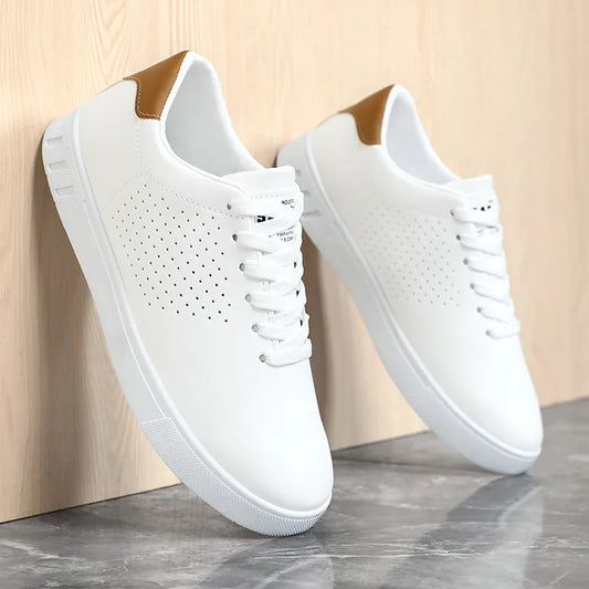Men's Classic White Sneakers Casual Leather Lace-Up Shoes Breathable Perforated Lightweight Walking Shoes for Male