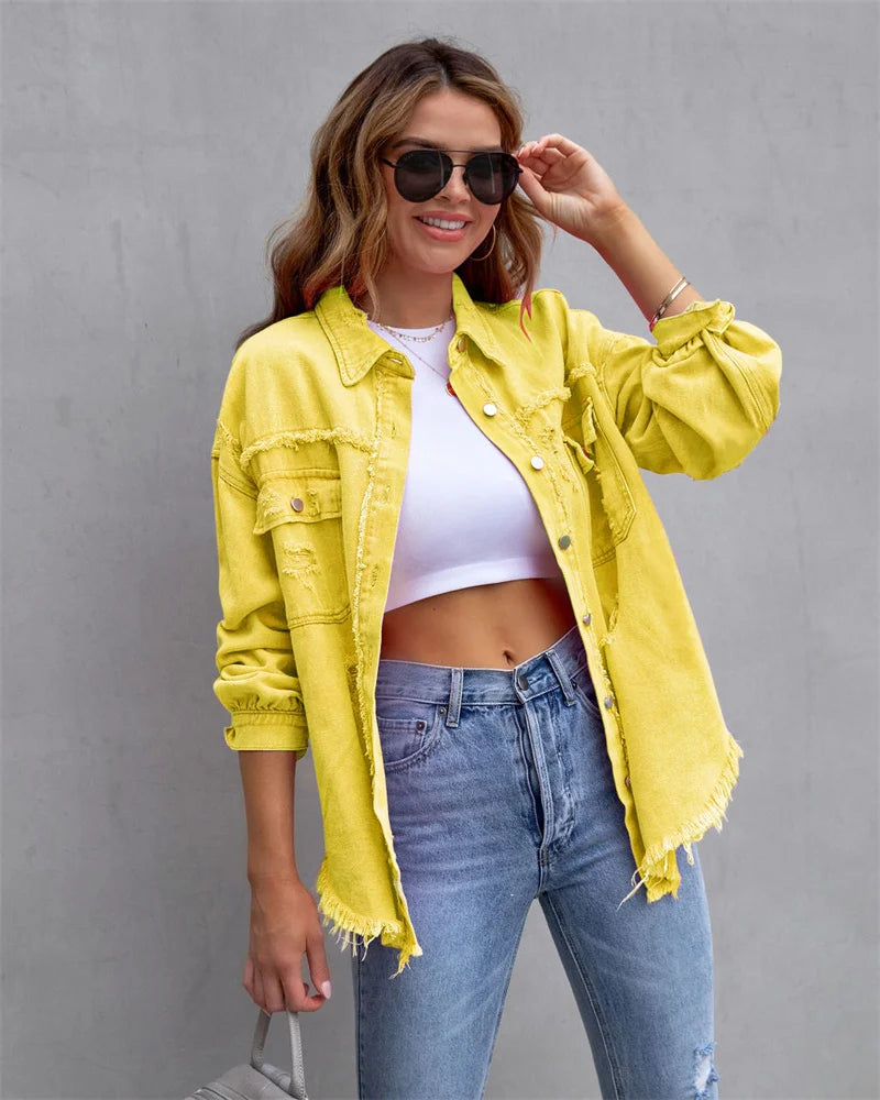 2025 Spring Autumn Shirt Style Denim Jacket Women Holes Raw-edges Jeancoat Casual Tops Female Oversize Loose Outerwear 7 Colors