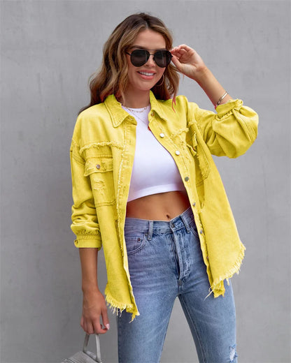 2025 Spring Autumn Shirt Style Denim Jacket Women Holes Raw-edges Jeancoat Casual Tops Female Oversize Loose Outerwear 7 Colors