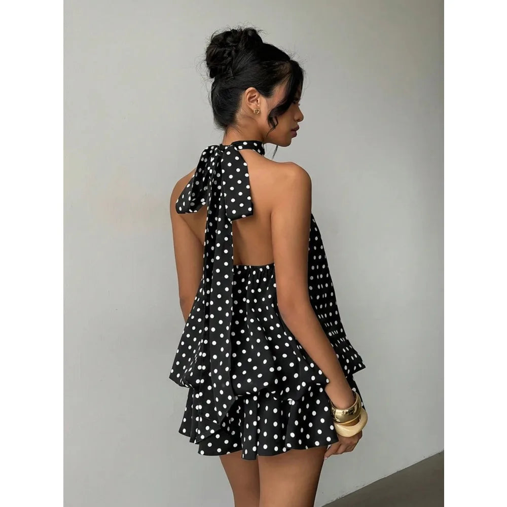 Women White Black Polka Dot Halter Mini Dress Summer Sleeveless Ruffle Tiered Short Dress Elegant Party Clubwear A-Line Vestidos