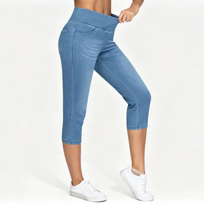 THE GYM PEOPLE Women's Cross Waisted Stretchy Capri Denim Jeggings Tummy Control Skinny Jean Leggings with Pockets