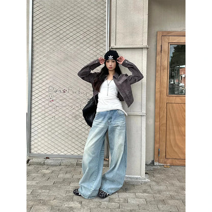YIBASHU Women Baggy Jean American Retro Denim Blue Pants Y2k Design High Street Wide Fit Cowboy Japanese Harajuku Long Trousers