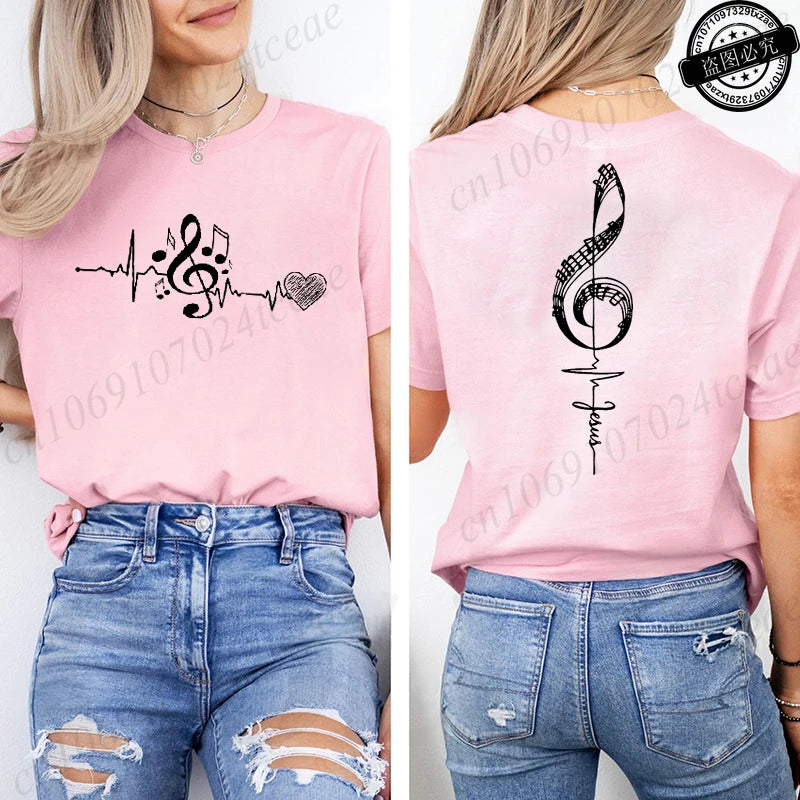 Musical Notes Printed T-Shirt for Women, Heartbeat Music Graphic Tee Shirts