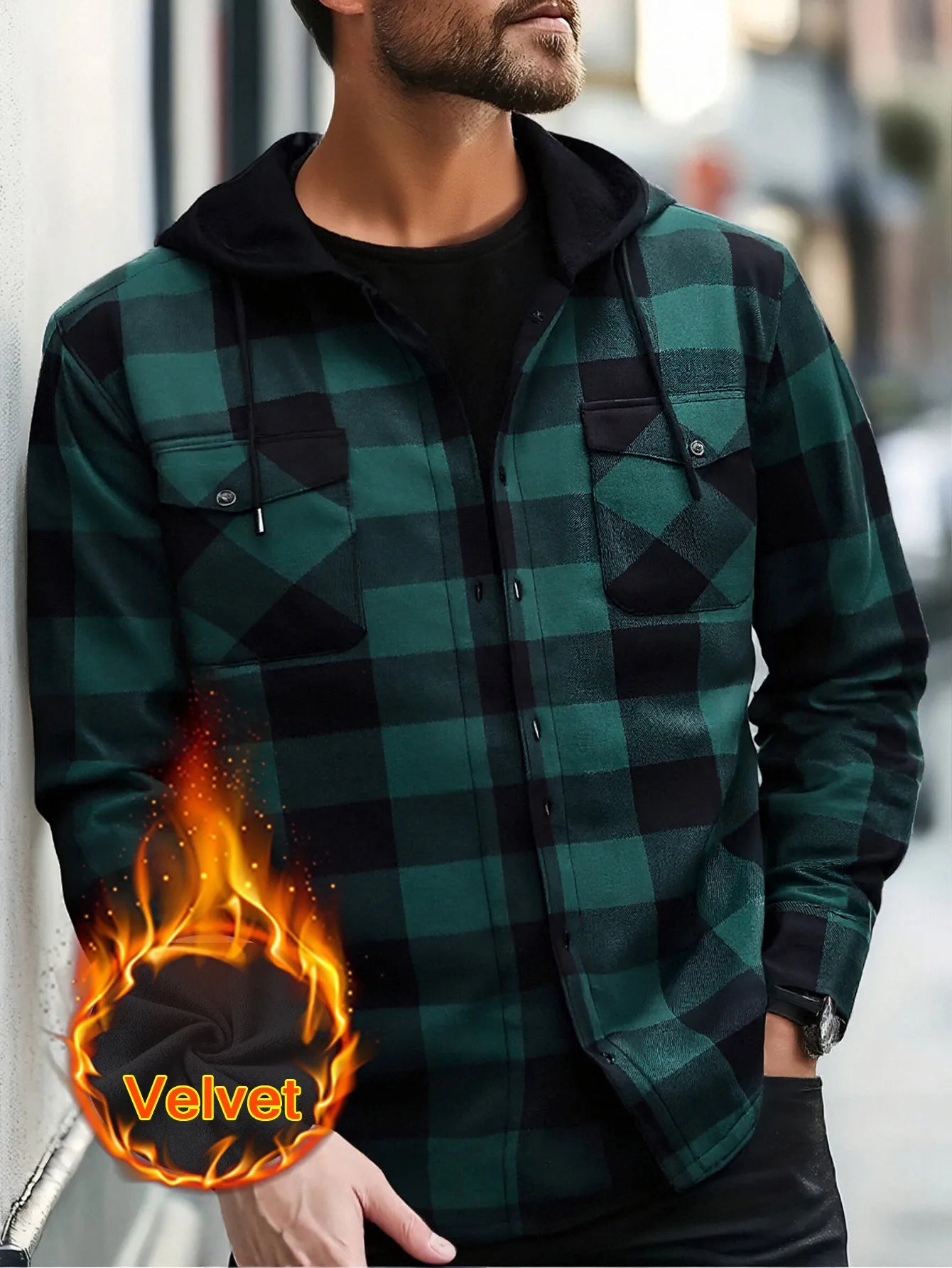 Men's Plaid Sherpa-Lined Hooded Jacket, 2025 New Winter Warm Fleece Loose Fit Long Sleeve Coat, Casual Outdoor Zip Up