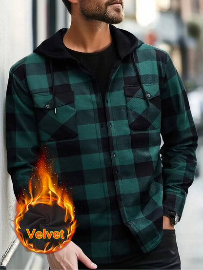 Men's Plaid Sherpa-Lined Hooded Jacket, 2025 New Winter Warm Fleece Loose Fit Long Sleeve Coat, Casual Outdoor Zip Up