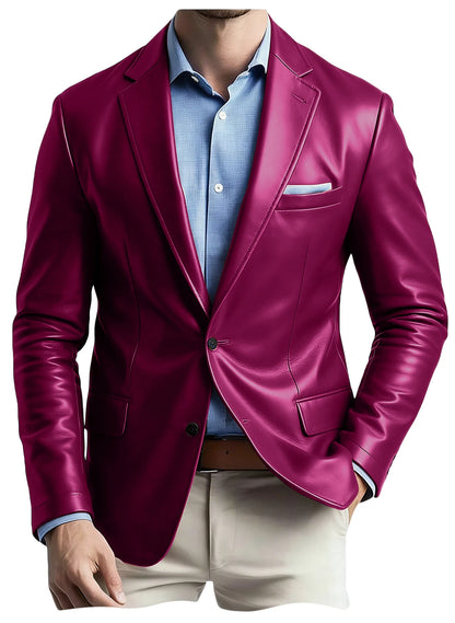 Men's Faux Leather Blazer Notch Lapel Flap Pockets Slim Fit Suit Jacket Coats For Casual Business Wedding Party