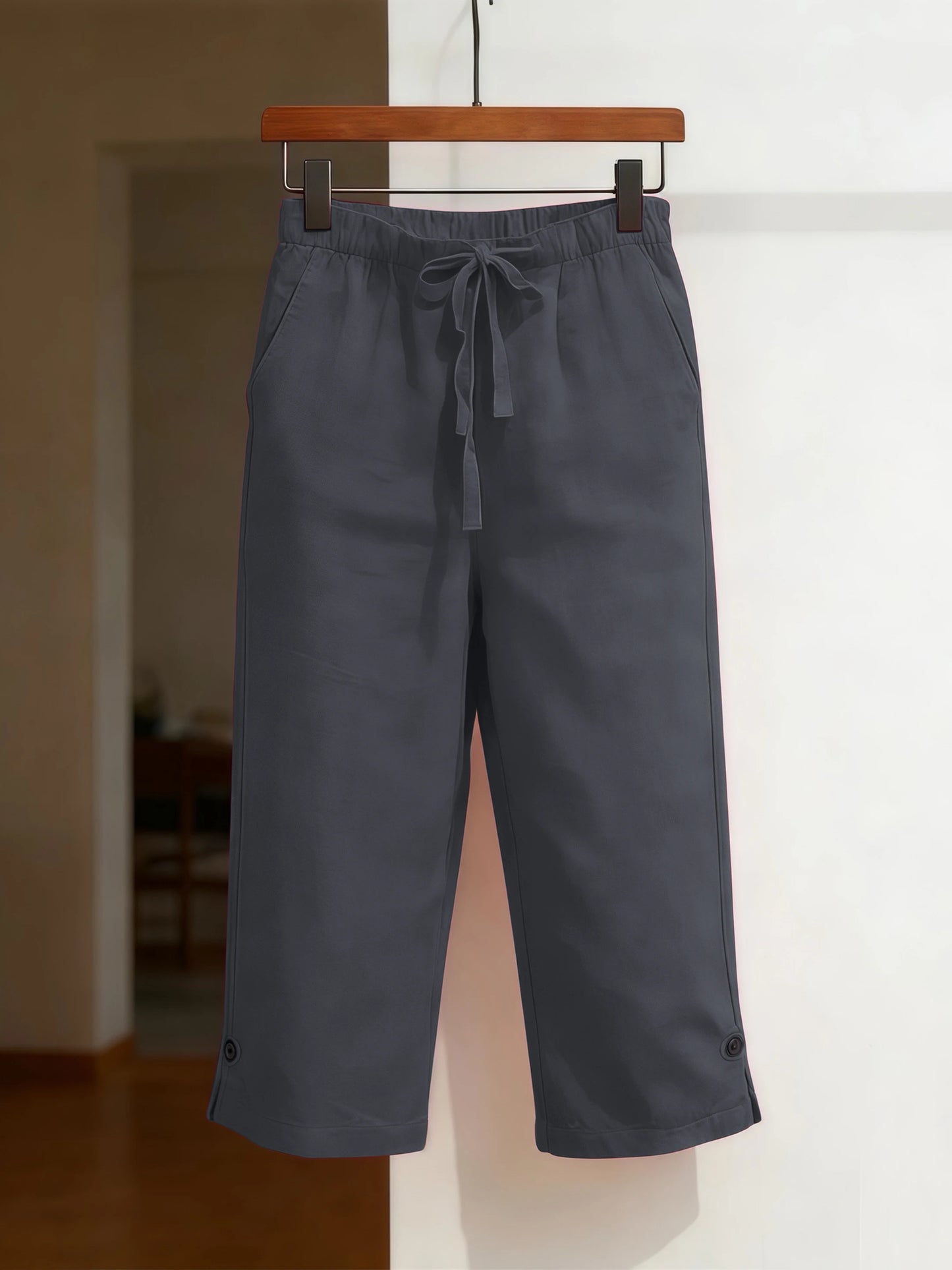 Women's Solid Color Cotton Linen Loose Fit Capri Pants with Belt and Multiple Pockets Front and Back
