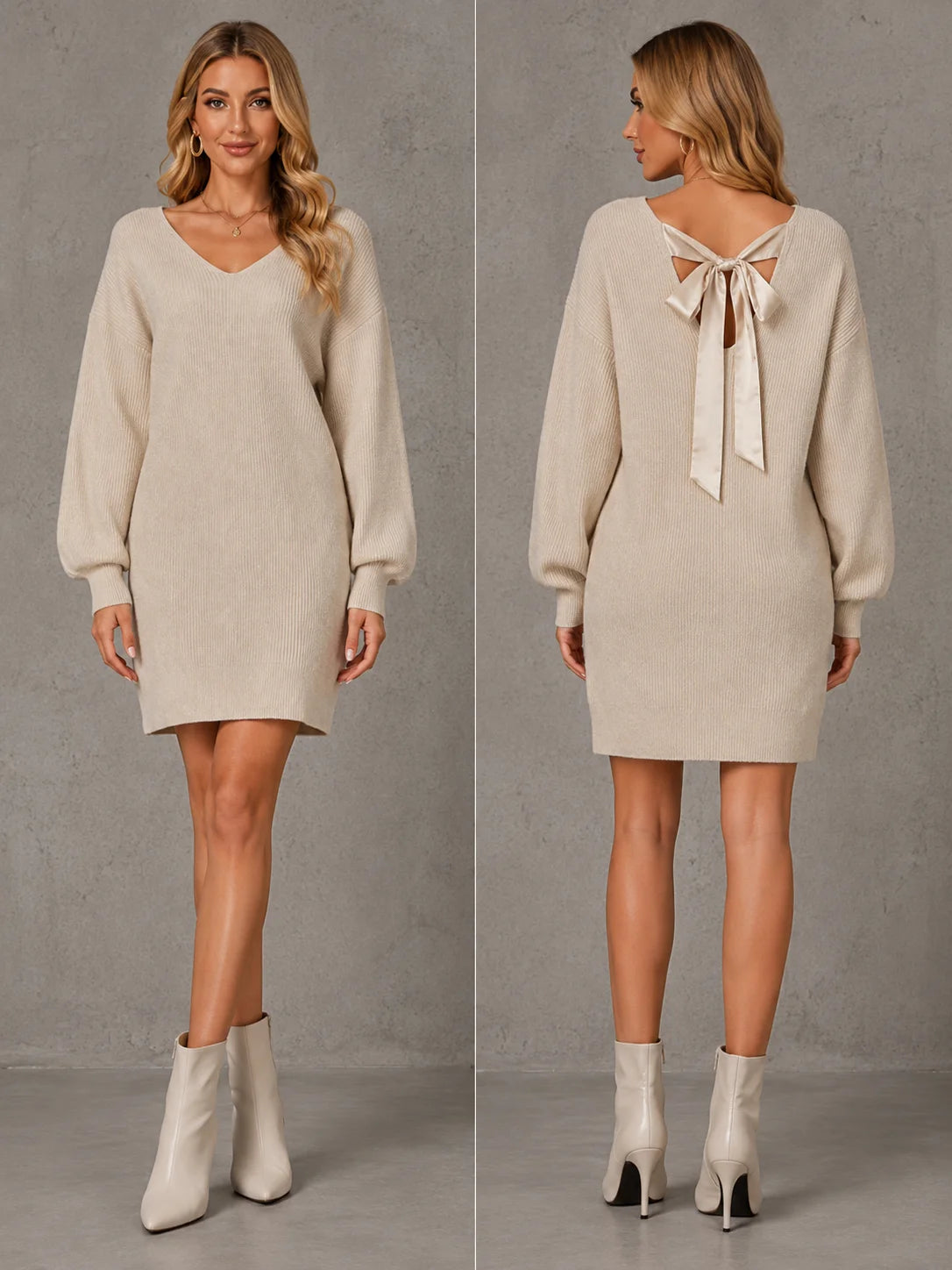 Women V‑Neck Oversized Knit Sweater Dress, Back Satin Bow Tie‑Back Long Puff Sleeve Loose Mini Knit Dress for Fall Party Daily Going‑Out Outfit