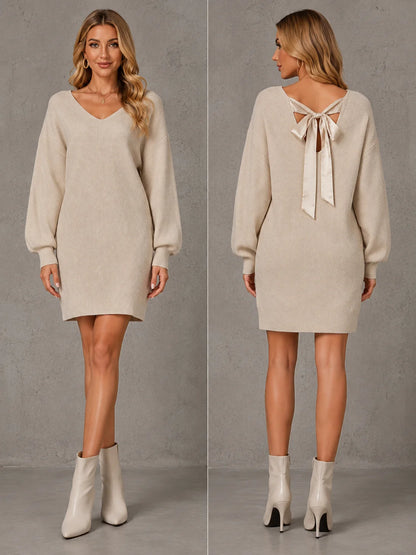 Women V‑Neck Oversized Knit Sweater Dress, Back Satin Bow Tie‑Back Long Puff Sleeve Loose Mini Knit Dress for Fall Party Daily Going‑Out Outfit