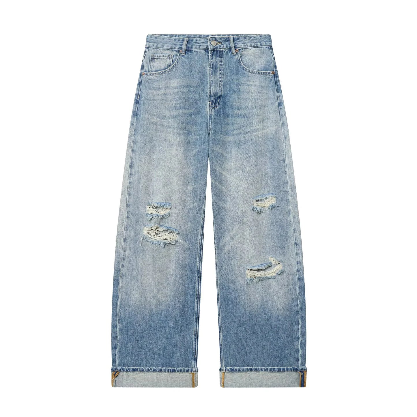 Spring new women's zipper style long mid waist ripped decorative rolled edge loose jeans
