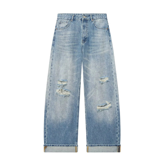 Spring new women's zipper style long mid waist ripped decorative rolled edge loose jeans