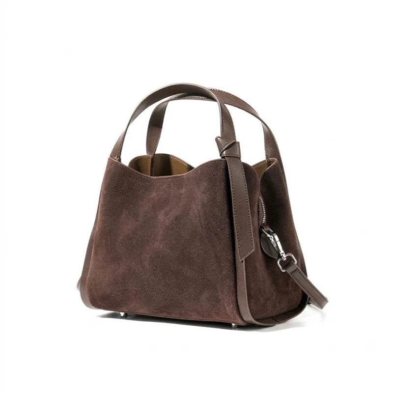 HIFASHION Luxury Genuine Leather Suede Bucket Bag For Women Vintage Top Handle Handbags Office Work Shoulder Crossbody Purses
