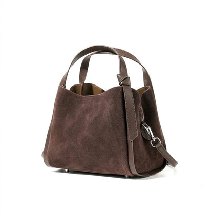 HIFASHION Luxury Genuine Leather Suede Bucket Bag For Women Vintage Top Handle Handbags Office Work Shoulder Crossbody Purses