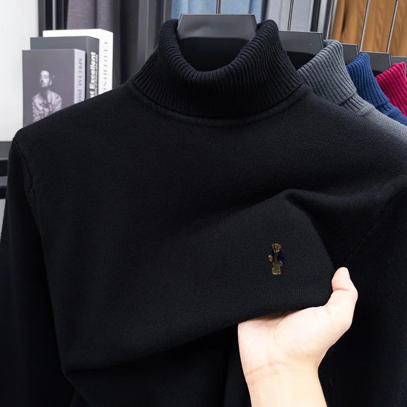 High-End Man Spring Long-Sleeved Knitwear Bear Print High Neck Hot Pullover Versatile Trend Leisure Warm Sweater Men's Clothing