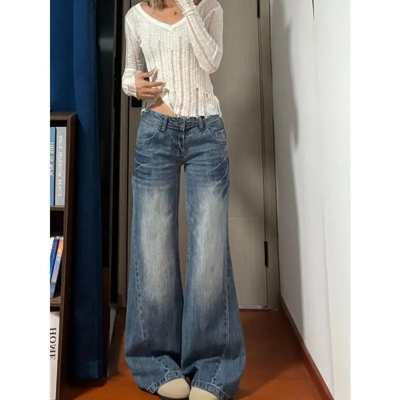New American Vintage Edgy Low Waist Washed Jeans Women Lightning Crack Flared Wide Leg Floor Length Versatile Denim Pants