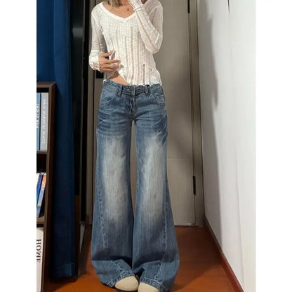 New American Vintage Edgy Low Waist Washed Jeans Women Lightning Crack Flared Wide Leg Floor Length Versatile Denim Pants