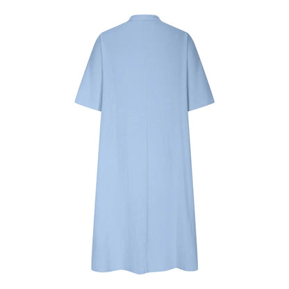 New Solid Color Cotton Linen Comfortable Casual Dresses Women Half Sleeve Loose Dress Gown Female Double Pocket Patchwork Frock