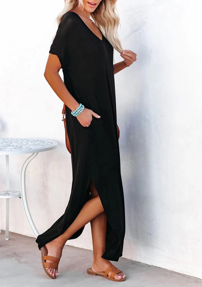Women's Short Sleeve V-Neck Tie Dye Maxi Dress, Gradient Color Casual Loose Dress with Pockets & Side Slit, Perfect for Beach