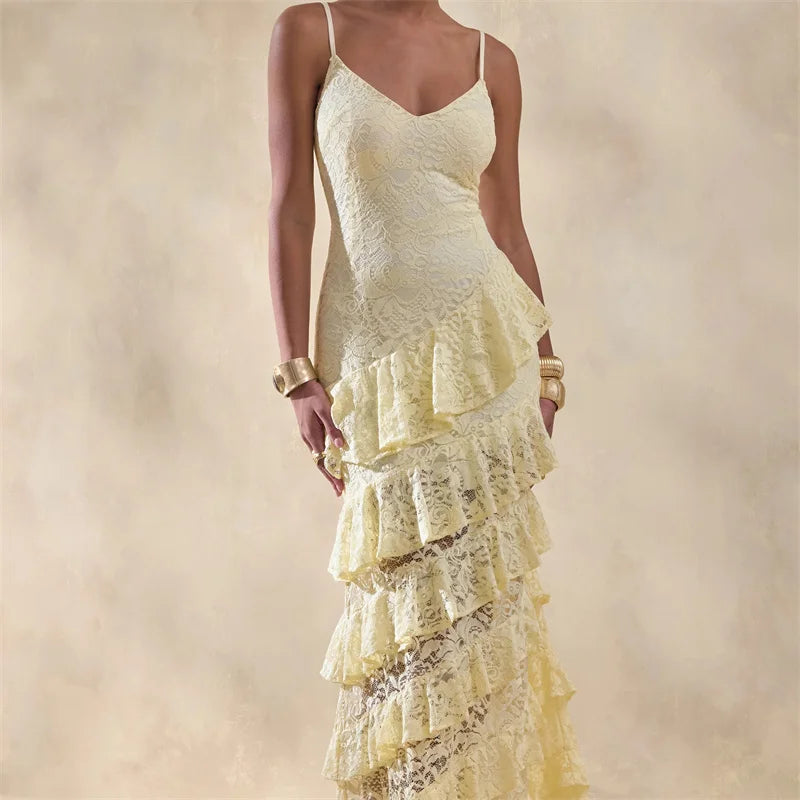 Sexy V Neck Lace Cami Tiered Ruffle Dress Women Slim Fit Maxi Evening Gown Holiday Party Formal Dress