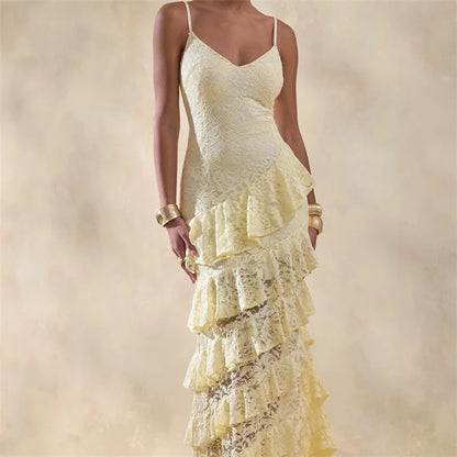 Sexy V Neck Lace Cami Tiered Ruffle Dress Women Slim Fit Maxi Evening Gown Holiday Party Formal Dress