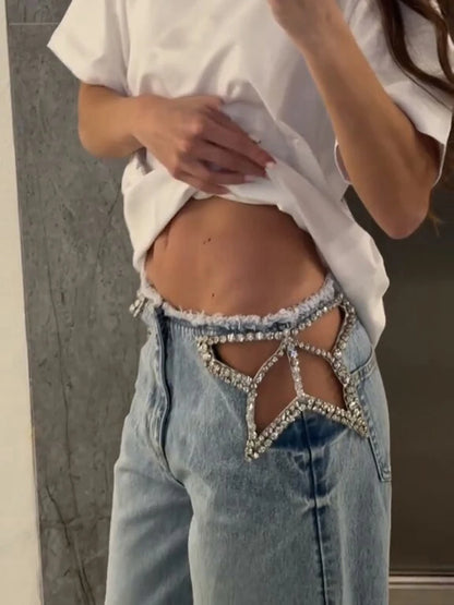 Y2K Rhinestone Fringed Jeans Women Low Waist Wide Legs Hollow Out Denim Pants Female 2026 Summer New Chic Soft Streetwears