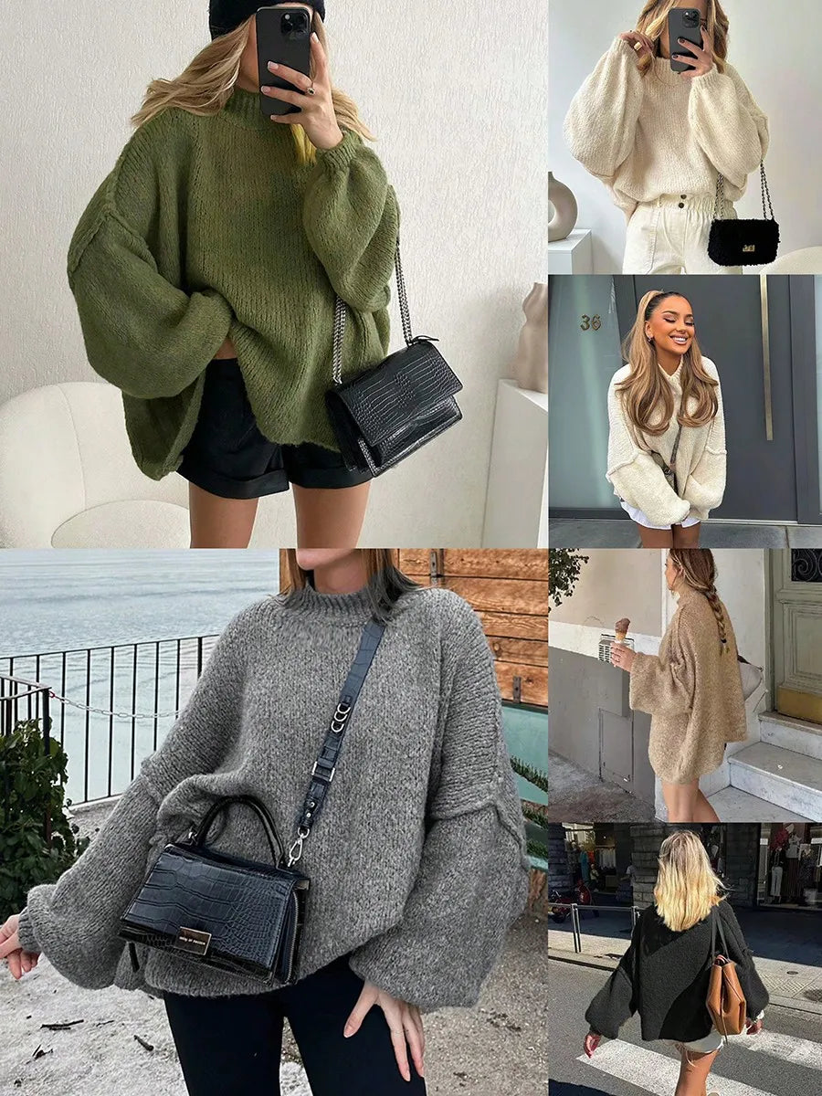 Women's Oversized Pullover Sweaters  Fall Winter Mock Neck Lantern Sleeve Crochet Casual Knitted Jumper Tops Solid Color Loose Blouse
