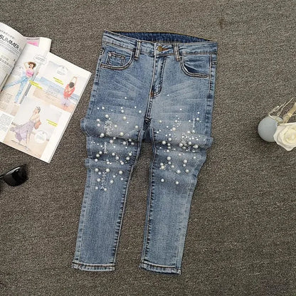 VWBQNZ Nailed Bead Jeans Women Spring/Summer New Versatile Hole Breaking Elastic Skinny Pencil Pants Female Casual Denim Pants
