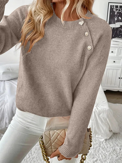 Women Asymmetrical Gold Button Crew Neck Knit Sweater, Soft Solid Long Sleeve Casual Pullover Jumper For Spring Autumn Daily Wear