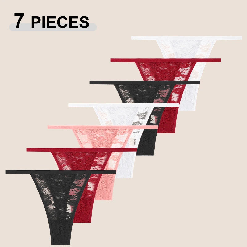 7Pcs/Set Women's Sexy Lace Transparents G-Strings Underwear Summer Solid Color Lace Floral Thongs Female Low Waist Sexy Lingerie