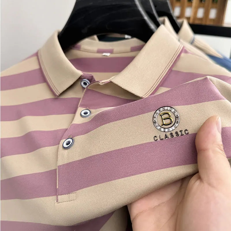 Quality Man Summer Hot Short-Sleeved Polo Shirt Letter Print Stripe Lapel Button British Style T-Shirt Fashion Leisure Mens Wear