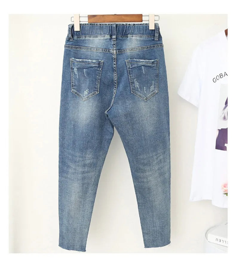 Spring summer Large size jeans women's stretch fat sister nine-point pants were thin high waist pants Big 5xl 6XL