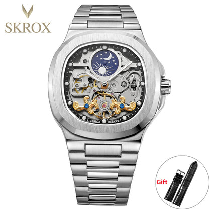2026 High-end Luxury SKROX Square Man Watch Sapphire Stainless Steel Skeleton Moon Phase Classic Automatic Movement Male Watches