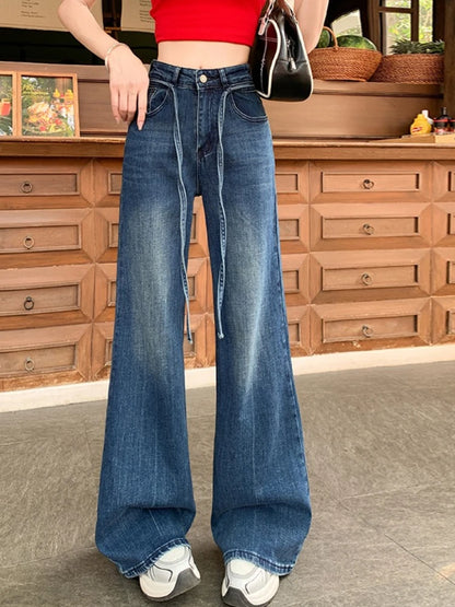 2026 Spring Summer New Women's High Quality Stretchy Jeans High Waist Drawstring Loose Floor-Length Flared Pants