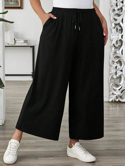 Plus Size Women's Solid Color Drawstring Wide Leg Loose Casual Summer Outfits Pants