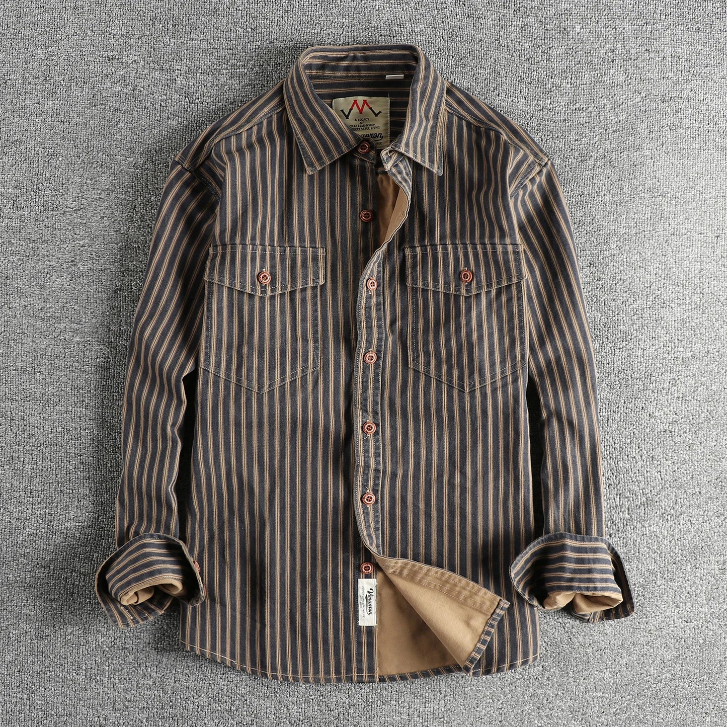 2025 Autumn and Winter New American Retro Stripe Long-Sleeve Lapel Shirt Men's Simple Fashion Washed Multi-Pocket