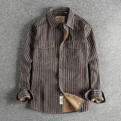 2025 Autumn and Winter New American Retro Stripe Long-Sleeve Lapel Shirt Men's Simple Fashion Washed Multi-Pocket